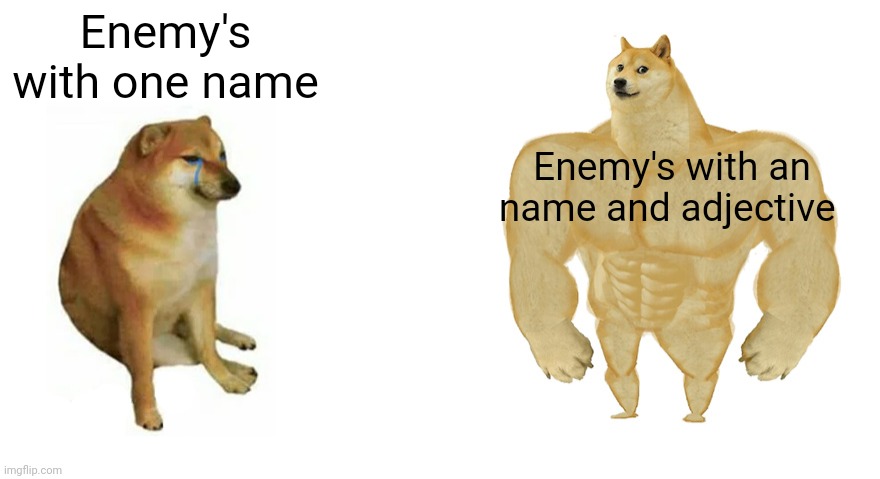 Stronk | Enemy's with one name; Enemy's with an name and adjective | image tagged in swole doge vs cheems flipped | made w/ Imgflip meme maker