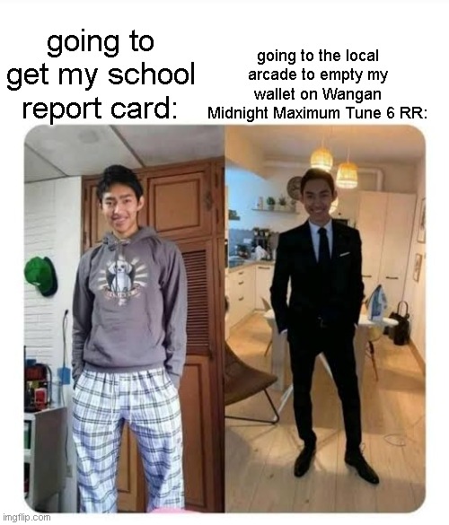 wmmt6 | going to the local arcade to empty my wallet on Wangan Midnight Maximum Tune 6 RR:; going to get my school report card: | image tagged in my sister's wedding | made w/ Imgflip meme maker