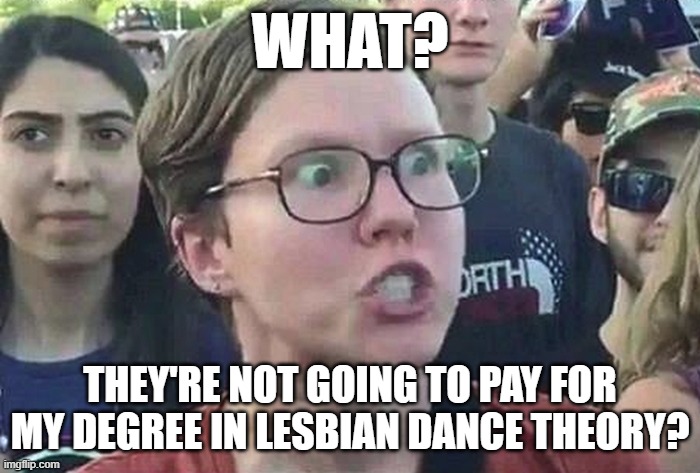 Student Loans | WHAT? THEY'RE NOT GOING TO PAY FOR MY DEGREE IN LESBIAN DANCE THEORY? | image tagged in triggered liberal,memes,joe biden,democrats,student loans | made w/ Imgflip meme maker