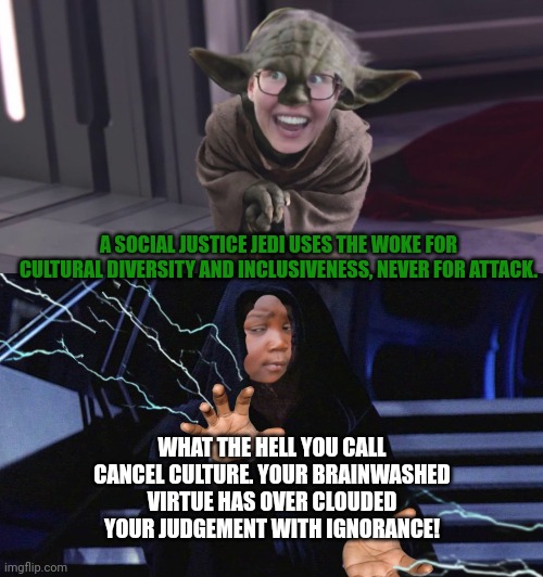 A SOCIAL JUSTICE JEDI USES THE WOKE FOR CULTURAL DIVERSITY AND INCLUSIVENESS, NEVER FOR ATTACK. WHAT THE HELL YOU CALL CANCEL CULTURE. YOUR  | made w/ Imgflip meme maker