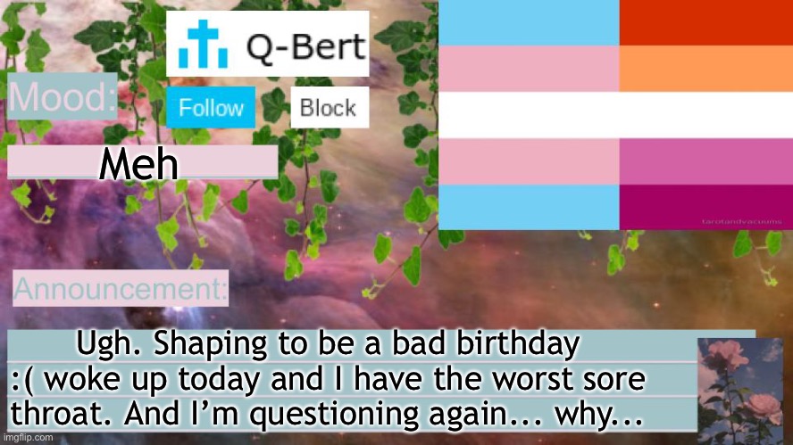 I don’t want to continue | Meh; Ugh. Shaping to be a bad birthday :( woke up today and I have the worst sore throat. And I’m questioning again... why... | image tagged in q-berts anouncement template | made w/ Imgflip meme maker