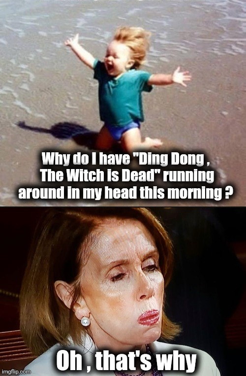 Why do I have "Ding Dong ,
 The Witch is Dead" running around in my head this morning ? Oh , that's why | image tagged in beach euphoria,nancy pelosi pb sandwich | made w/ Imgflip meme maker