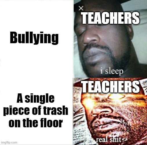 Sleeping Shaq | Bullying; TEACHERS; TEACHERS; A single piece of trash on the floor | image tagged in memes,sleeping shaq,school,bullying,satire | made w/ Imgflip meme maker