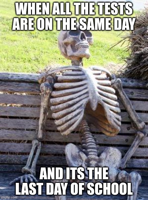Waiting Skeleton Meme | WHEN ALL THE TESTS ARE ON THE SAME DAY; AND ITS THE LAST DAY OF SCHOOL | image tagged in memes,waiting skeleton | made w/ Imgflip meme maker