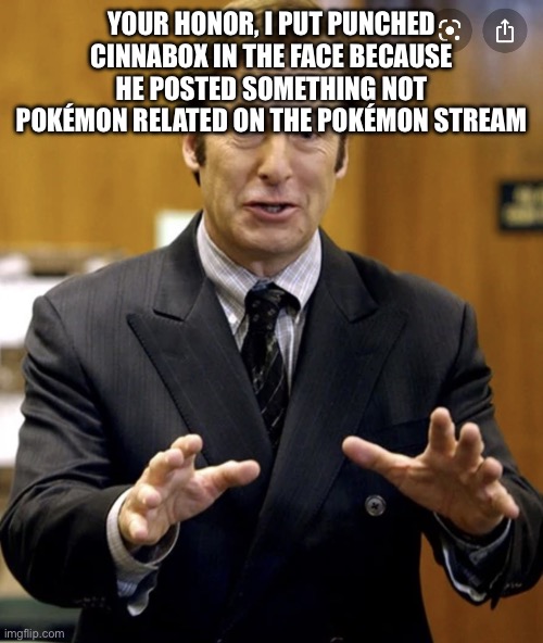 Your Honor, | YOUR HONOR, I PUT PUNCHED CINNABOX IN THE FACE BECAUSE HE POSTED SOMETHING NOT POKÉMON RELATED ON THE POKÉMON STREAM | image tagged in your honor | made w/ Imgflip meme maker