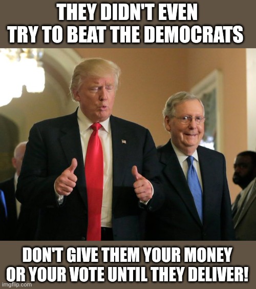 Results first THEN they get our votes | THEY DIDN'T EVEN TRY TO BEAT THE DEMOCRATS; DON'T GIVE THEM YOUR MONEY OR YOUR VOTE UNTIL THEY DELIVER! | image tagged in trump mcconnell,rino,liars | made w/ Imgflip meme maker