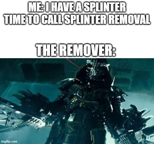 Yay | ME: I HAVE A SPLINTER TIME TO CALL SPLINTER REMOVAL; THE REMOVER: | image tagged in funny,memes,shredder,splinters | made w/ Imgflip meme maker