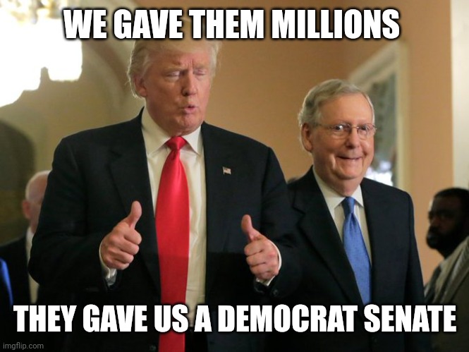 Close your wallet until they live up to their word | WE GAVE THEM MILLIONS; THEY GAVE US A DEMOCRAT SENATE | image tagged in trump mcconnell | made w/ Imgflip meme maker