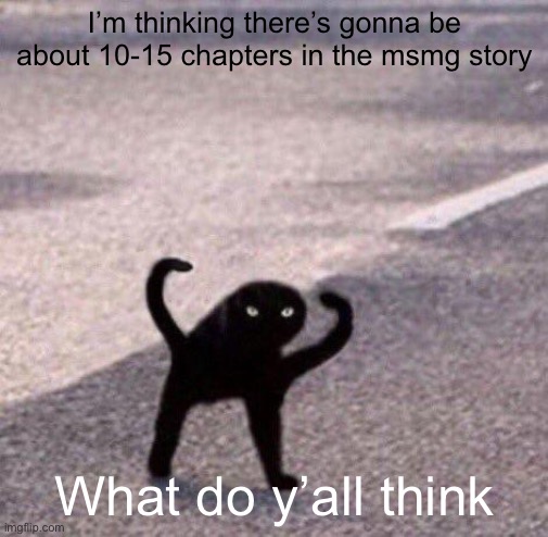 Cursed cat temp | I’m thinking there’s gonna be about 10-15 chapters in the msmg story; What do y’all think | image tagged in cursed cat temp | made w/ Imgflip meme maker
