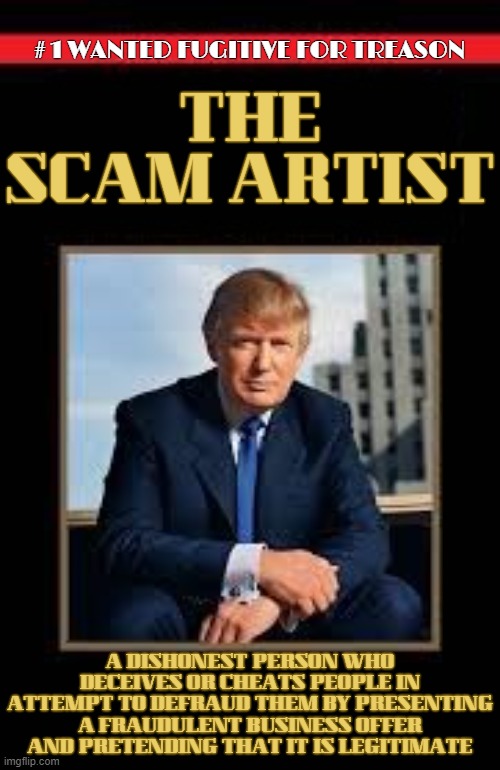 THE SCAM ARTIST | THE SCAM ARTIST; A DISHONEST PERSON WHO DECEIVES OR CHEATS PEOPLE IN ATTEMPT TO DEFRAUD THEM BY PRESENTING A FRAUDULENT BUSINESS OFFER AND PRETENDING THAT IT IS LEGITIMATE | image tagged in scam artist,treason,deceive,cheat,fraud,dishonest | made w/ Imgflip meme maker