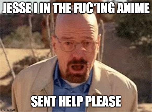 Walter White | JESSE I IN THE FUC*ING ANIME SENT HELP PLEASE | image tagged in walter white | made w/ Imgflip meme maker