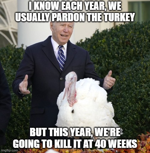 Biden with turkey | I KNOW EACH YEAR, WE USUALLY PARDON THE TURKEY; BUT THIS YEAR, WE'RE GOING TO KILL IT AT 40 WEEKS | image tagged in biden with turkey | made w/ Imgflip meme maker