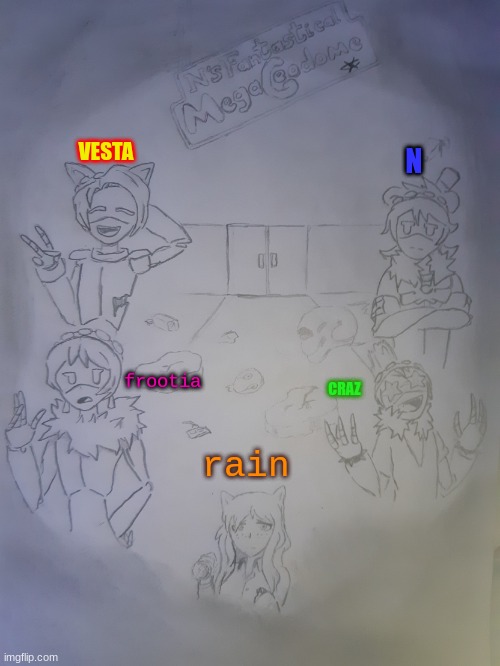 The Geodome Gang (this was made by Shadowskul, original by me) | VESTA; N; frootia; CRAZ; rain | image tagged in n's fantastical mega geodome,murder drones,smg4,spend the night | made w/ Imgflip meme maker