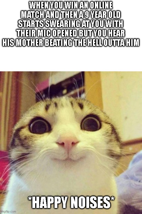 i am not toxic | WHEN YOU WIN AN ONLINE MATCH AND THEN A 9 YEAR OLD STARTS SWEARING AT YOU WITH THEIR MIC OPENED BUT YOU HEAR HIS MOTHER BEATING THE HELL OUTTA HIM; *HAPPY NOISES* | image tagged in memes,smiling cat,toxic,9 year old | made w/ Imgflip meme maker