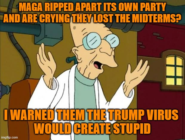 Stupid is as Stupid does | MAGA RIPPED APART ITS OWN PARTY AND ARE CRYING THEY LOST THE MIDTERMS? I WARNED THEM THE TRUMP VIRUS 
WOULD CREATE STUPID | image tagged in professor farnsworth good news everyone,donald trump,maga,political meme,stupid people | made w/ Imgflip meme maker