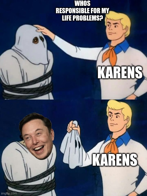 f | WHOS RESPONSIBLE FOR MY LIFE PROBLEMS? KARENS; KARENS | image tagged in scooby doo mask reveal | made w/ Imgflip meme maker