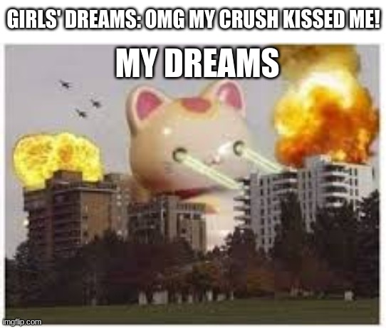 I had a dream just like that yesterday actually | GIRLS' DREAMS: OMG MY CRUSH KISSED ME! MY DREAMS | image tagged in dreams,memes,funny,relatable,im weird | made w/ Imgflip meme maker