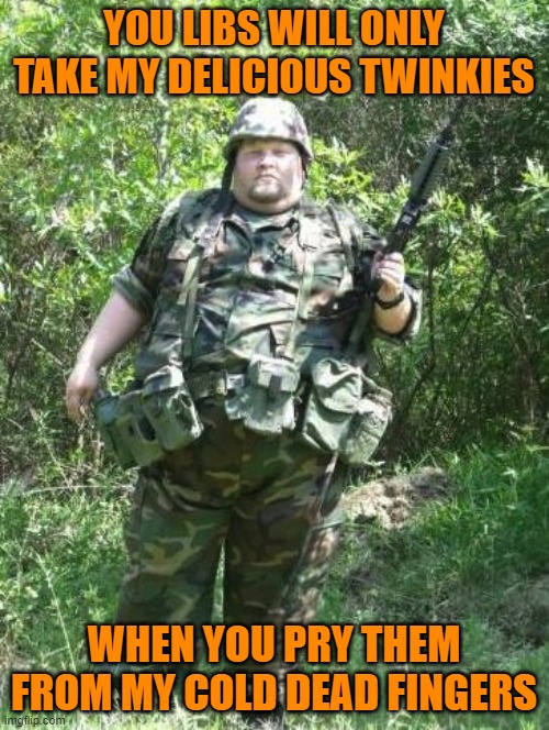 Fat American Militia | YOU LIBS WILL ONLY TAKE MY DELICIOUS TWINKIES WHEN YOU PRY THEM FROM MY COLD DEAD FINGERS | image tagged in fat american militia | made w/ Imgflip meme maker