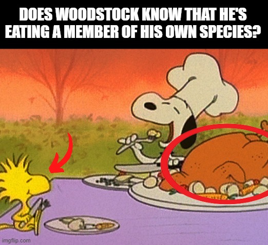 WOODSTOCK, THAT WAS YOUR COUSIN!!! | DOES WOODSTOCK KNOW THAT HE'S EATING A MEMBER OF HIS OWN SPECIES? | image tagged in charlie brown thanksgiving,woodstock,charlie brown | made w/ Imgflip meme maker