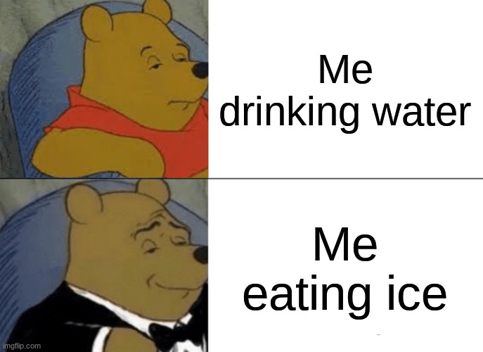 like no one thought of this | Me drinking water; Me eating ice | image tagged in memes,tuxedo winnie the pooh | made w/ Imgflip meme maker