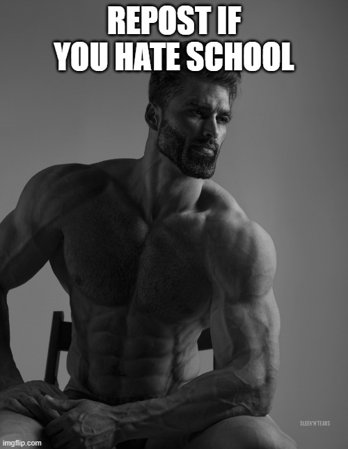 E | REPOST IF YOU HATE SCHOOL | image tagged in giga chad | made w/ Imgflip meme maker