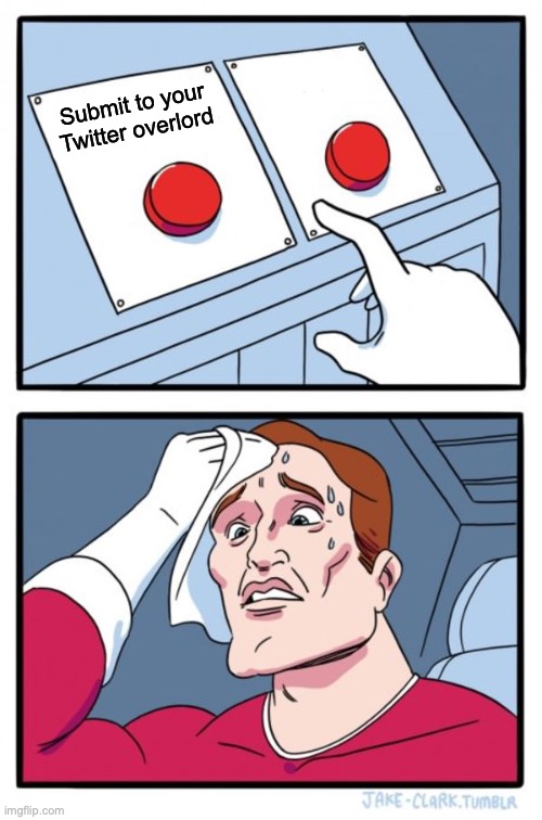 Two Buttons Meme | Submit to your Twitter overlord | image tagged in memes,two buttons,twitter,elon musk | made w/ Imgflip meme maker