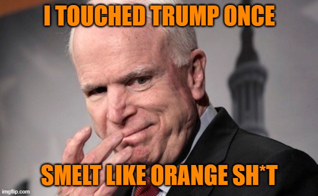 McCain smell my finger | I TOUCHED TRUMP ONCE SMELT LIKE ORANGE SH*T | image tagged in mccain smell my finger | made w/ Imgflip meme maker