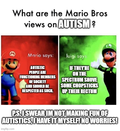 Oh dear | AUTISM; AUTISTIC PEOPLE ARE FUNCTIONING MEMBERS OF SOCIETY AND SHOULD BE RESPECTED AS SUCH. IF THEY'RE ON THE SPECTRUM SHOVE SOME CHOPSTICKS UP THEIR RECTUM; P.S. I SWEAR IM NOT MAKING FUN OF AUTISTICS, I HAVE IT MYSELF! NO WORRIES! | image tagged in mario bros views,autism | made w/ Imgflip meme maker