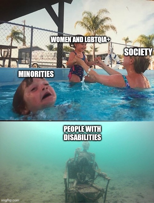 Drowned skeleton | WOMEN AND LGBTQIA+; SOCIETY; MINORITIES; PEOPLE WITH DISABILITIES | image tagged in drowned skeleton | made w/ Imgflip meme maker