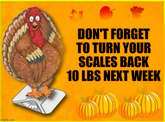 Oldy but a goody  ;-) | DON'T FORGET TO TURN YOUR SCALES BACK 10 LBS NEXT WEEK | image tagged in thanksgiving,happy thanksgiving,thanksgiving dinner,thanksgiving day,turkey,feast | made w/ Imgflip meme maker