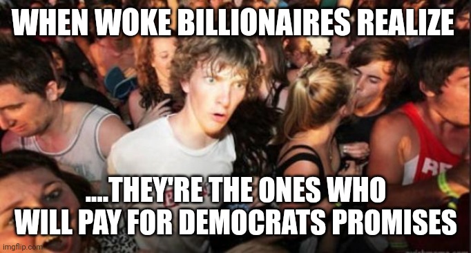 Eat the rich...... | WHEN WOKE BILLIONAIRES REALIZE; ....THEY'RE THE ONES WHO WILL PAY FOR DEMOCRATS PROMISES | image tagged in sudden realisation studenr | made w/ Imgflip meme maker