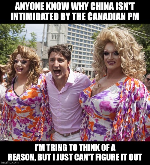 Liberal drips trying to stand up to China? Yeah, they know you are a wimp. Why do you think they interfere in elections??? |  ANYONE KNOW WHY CHINA ISN'T INTIMIDATED BY THE CANADIAN PM; I'M TRING TO THINK OF A REASON, BUT I JUST CAN'T FIGURE IT OUT | image tagged in justin trudeau,canada,china,reality check,weak,liberals | made w/ Imgflip meme maker