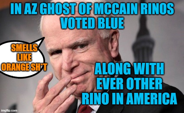 McCain smell my finger | IN AZ GHOST OF MCCAIN RINOS
VOTED BLUE ALONG WITH EVER OTHER RINO IN AMERICA SMELLS LIKE ORANGE SH*T | image tagged in mccain smell my finger | made w/ Imgflip meme maker