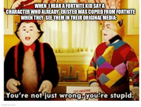 Rant  disguised as a meme | WHEN  I HEAR A FORTNITE KID SAY A   CHARACTER WHO ALREADY  EXISTED WAS COPIED FROM FORTNITE WHEN THEY  SEE THEM IN THEIR ORIGINAL MEDIA: | image tagged in you're not just wrong your stupid | made w/ Imgflip meme maker