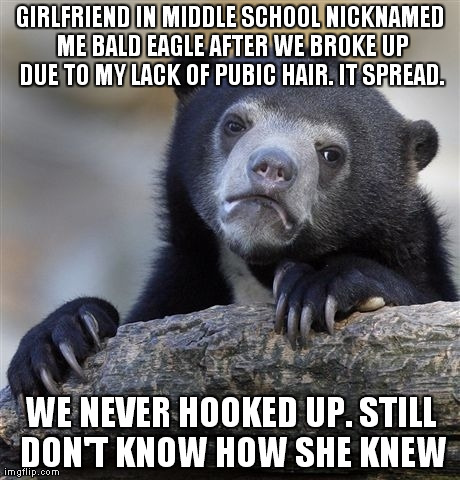 Confession Bear | GIRLFRIEND IN MIDDLE SCHOOL NICKNAMED ME BALD EAGLE AFTER WE BROKE UP DUE TO MY LACK OF PUBIC HAIR. IT SPREAD. WE NEVER HOOKED UP. STILL DON | image tagged in memes,confession bear,AdviceAnimals | made w/ Imgflip meme maker