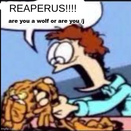 Garfield are you /srs or /j | REAPERUS!!!! are you a wolf or are you /j | image tagged in garfield are you /srs or /j | made w/ Imgflip meme maker