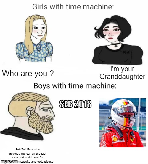 Seb wins 2018 title | Who are you ? I'm your Granddaughter; SEB 2018; Seb Tell Ferrari to develop the car till the last race and watch out for Hockenhiem,suzuka and cota please | image tagged in time machine | made w/ Imgflip meme maker
