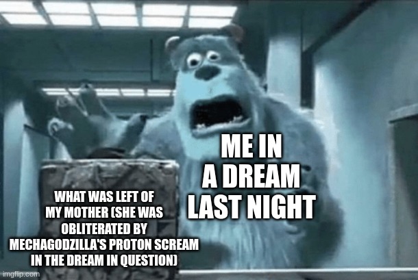 hi | ME IN A DREAM LAST NIGHT; WHAT WAS LEFT OF MY MOTHER (SHE WAS OBLITERATED BY MECHAGODZILLA'S PROTON SCREAM IN THE DREAM IN QUESTION) | made w/ Imgflip meme maker