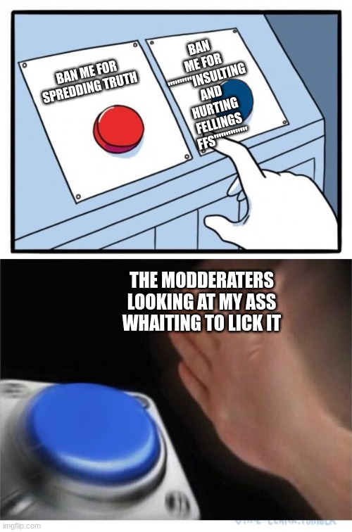 two buttons 1 blue | BAN ME FOR SPREDDING TRUTH BAN ME FOR """""INSULTING AND HURTING FELLINGS FFS""""""" THE MODDERATERS LOOKING AT MY ASS WHAITING TO LICK IT | image tagged in two buttons 1 blue | made w/ Imgflip meme maker