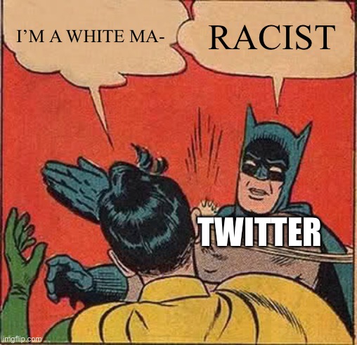 Twitter | I’M A WHITE MA-; RACIST; TWITTER | image tagged in memes,batman slapping robin | made w/ Imgflip meme maker