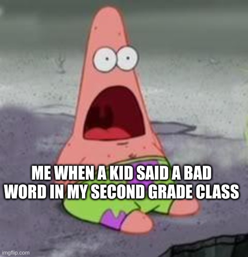 yep accurate | ME WHEN A KID SAID A BAD WORD IN MY SECOND GRADE CLASS | image tagged in suprised patrick | made w/ Imgflip meme maker