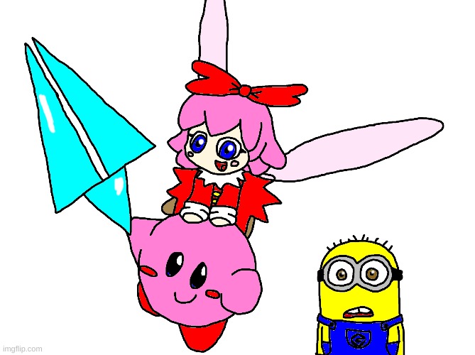 Kirby, Ribbon, and the Minion | image tagged in kirby,minions,crossover,cute,fanart,ribbon | made w/ Imgflip meme maker