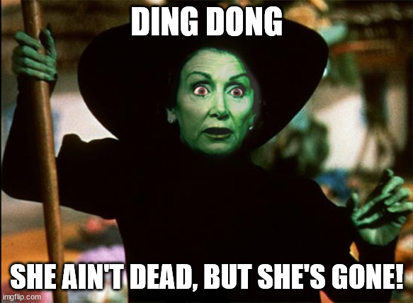 Good riddance! | DING DONG; SHE AIN'T DEAD, BUT SHE'S GONE! | image tagged in nancy pelosi | made w/ Imgflip meme maker