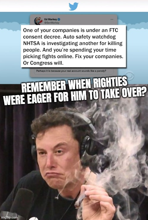 didnt work out like they thought...... | REMEMBER WHEN RIGHTIES WERE EAGER FOR HIM TO TAKE OVER? | image tagged in elon musk smoking a joint,elon musk buying twitter,elon musk,bankruptcy,chief,twit | made w/ Imgflip meme maker