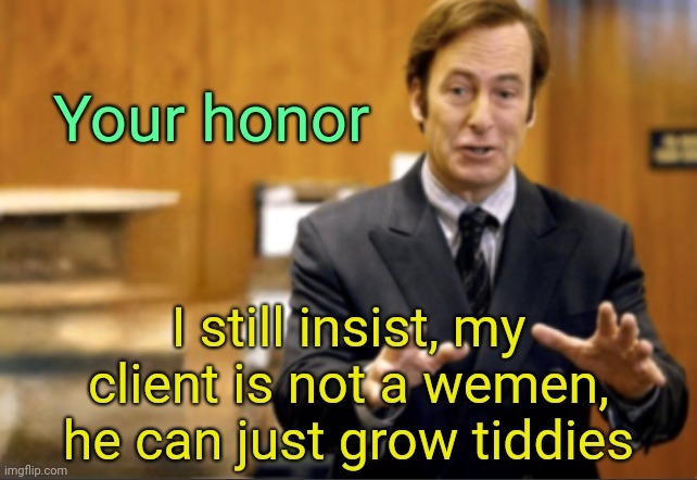 . | Your honor; I still insist, my client is not a wemen, he can just grow tiddies | image tagged in saul goodman defending | made w/ Imgflip meme maker