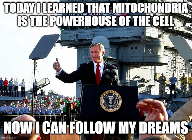 I can become a millionaire! | TODAY I LEARNED THAT MITOCHONDRIA IS THE POWERHOUSE OF THE CELL; NOW I CAN FOLLOW MY DREAMS | image tagged in mission accomplished | made w/ Imgflip meme maker