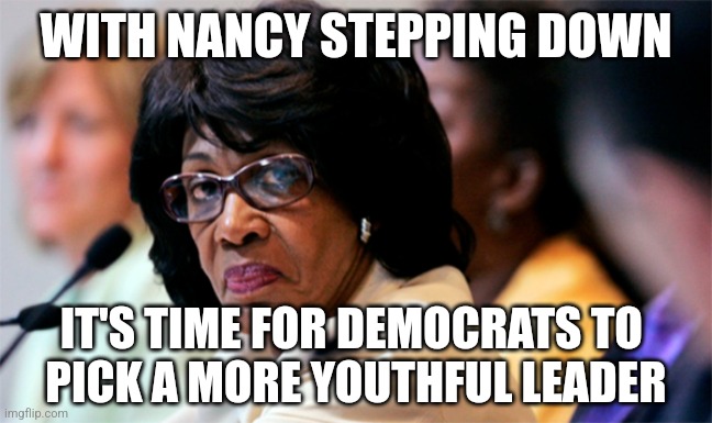 A fresh new face | WITH NANCY STEPPING DOWN; IT'S TIME FOR DEMOCRATS TO 
PICK A MORE YOUTHFUL LEADER | image tagged in maxine waters | made w/ Imgflip meme maker