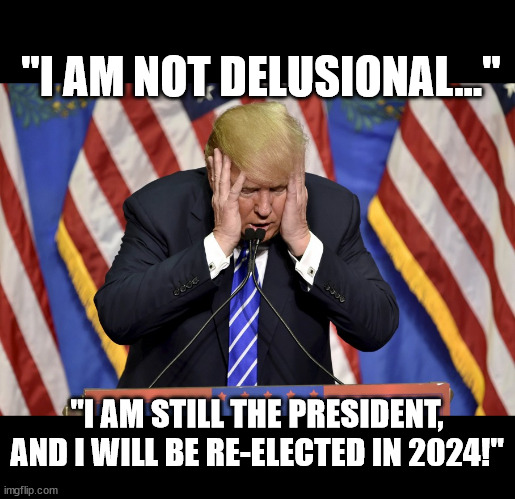 Does he really believe it?  Does anybody? | "I AM NOT DELUSIONAL..."; "I AM STILL THE PRESIDENT,
AND I WILL BE RE-ELECTED IN 2024!" | image tagged in cry baby trump | made w/ Imgflip meme maker