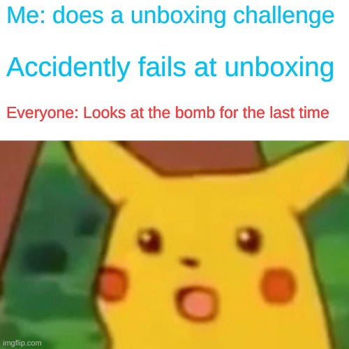 fun or funny | Me: does a unboxing challenge; Accidently fails at unboxing; Everyone: Looks at the bomb for the last time | image tagged in memes,surprised pikachu,funy,funny | made w/ Imgflip meme maker