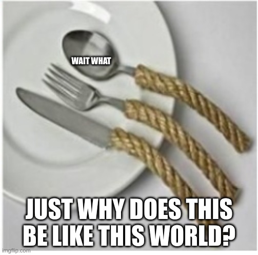 fork spoon and the knife just hit a new low! | WAIT WHAT; JUST WHY DOES THIS BE LIKE THIS WORLD? | image tagged in hmmmmmmm | made w/ Imgflip meme maker
